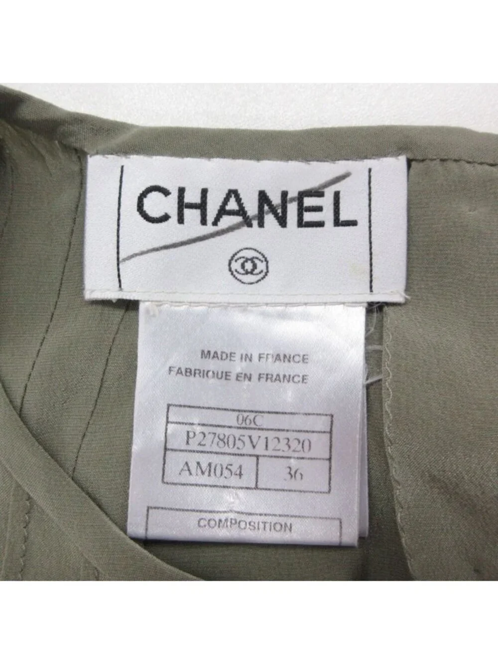 Chanel Dress Silk 100% CC Logo with Button Sleeveless Knee Length Khaki Green